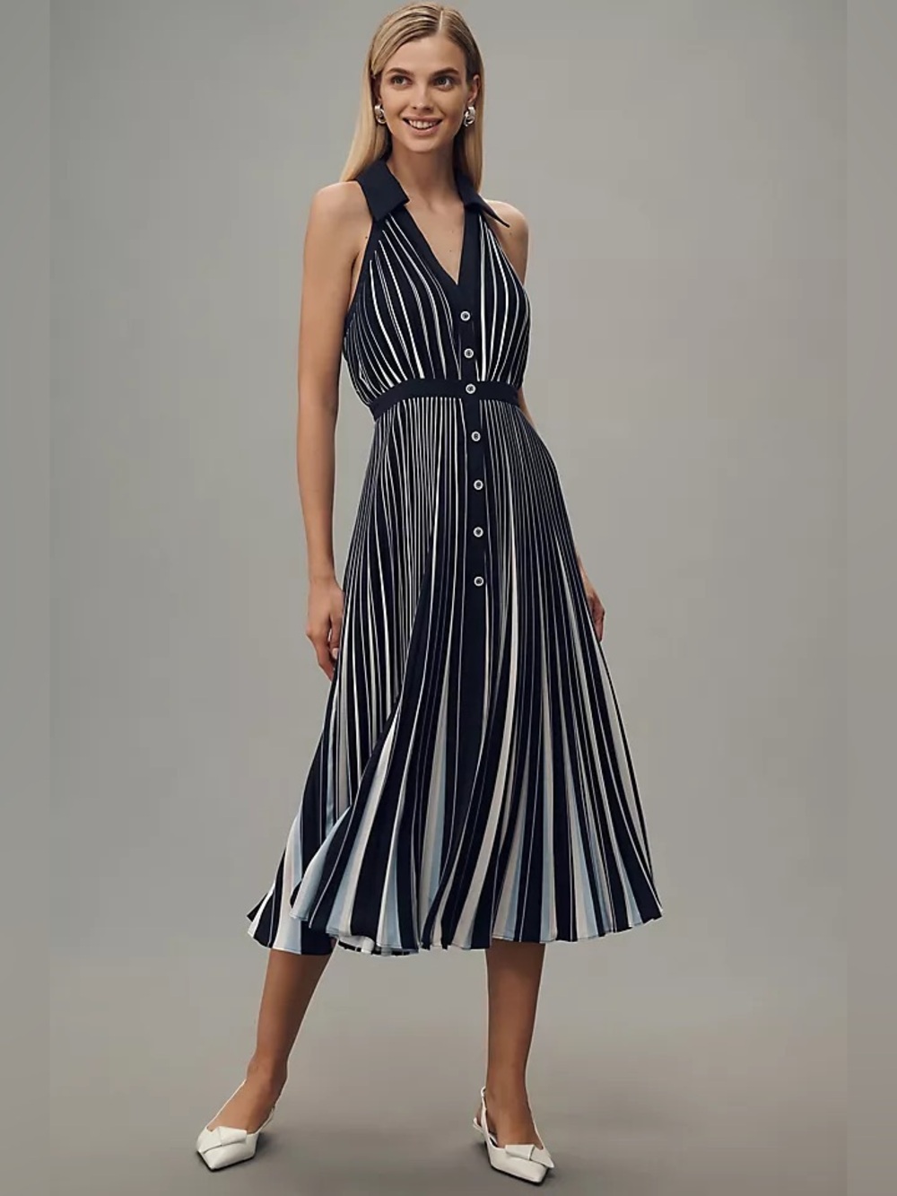 Anthropologie Halter Pleated Midi Dress Navy Blue White Medium